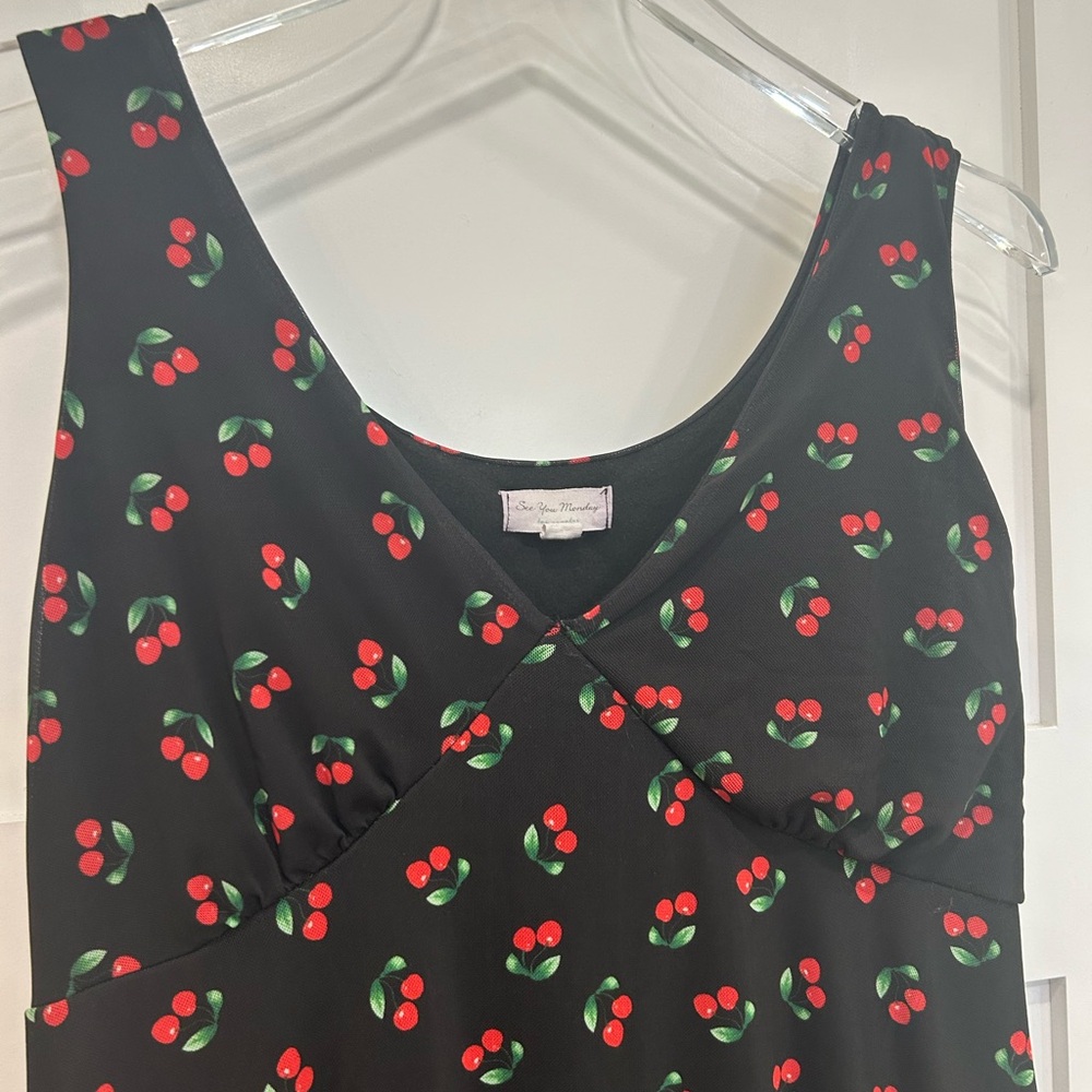 See You Monday Black Dress with Cherry Pattern